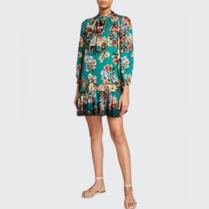 Alice + Olivia Merilee Green Floral Tiered Ruffle Neck Tunic Mini Dress - Size M
